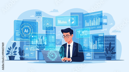 Businessman working with AI data analytics on laptop in modern office