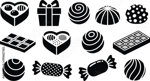 Chocolate and candy silhouettes vector set, sweets, truffles, gift box and chocolate bar icons, dessert collection, black and white illustration