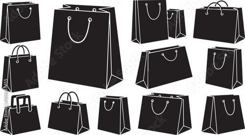 Collection of black shopping bags on white background illustration