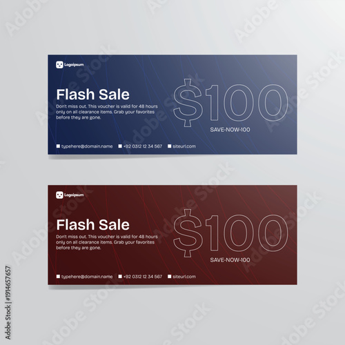 Flash Sale Voucher with $100 Discount: Capture the essence of savings with eye-catching voucher featuring the allure of flash sales, perfect for showcasing monetary discounts.