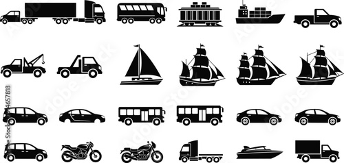 Transportation icon set featuring black silhouettes of trucks, cars, buses, ships, motorcycles, and boats for logistics, delivery, and travel design projects.