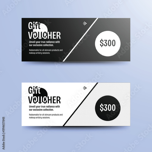 Gift Voucher Design: Elegant gift vouchers in two distinct color schemes offer a versatile solution for a range of promotional needs. Highlighting the balance of sleek design and branding.