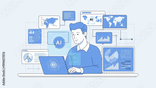 Businessman working with AI data analytics on laptop and digital devices