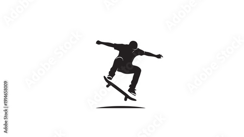 Silhouette of a skateboarder mid-air performing a trick against a plain white background.