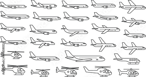 Commercial airplane and helicopter outline collection, passenger jet aircraft icons line art aviation transport vector set