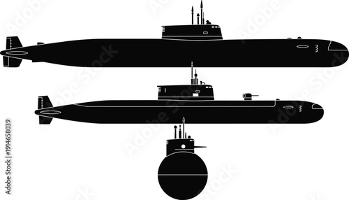 Submarine silhouette vector set, black white clipart of naval military underwater vessel designs missile tubes periscope, marine illustration artwork bundle