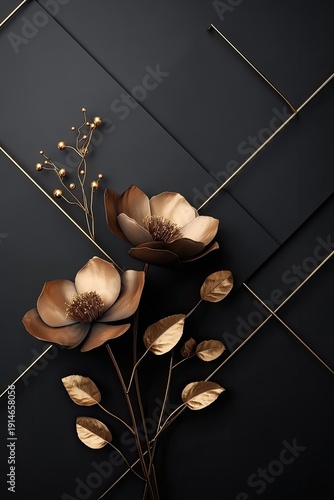 Elegant Golden Floral Arrangement On Dark Geometric Background