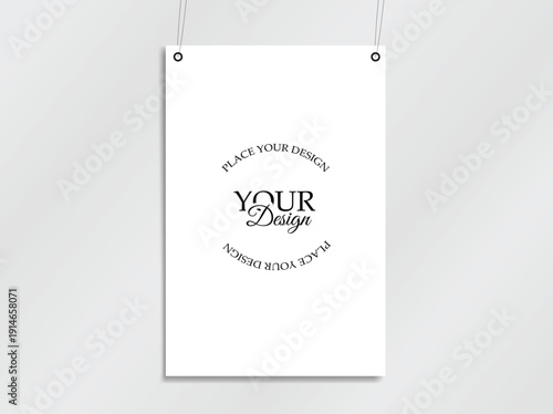 Poster Mockup: A simple poster suspended by two strings, creating a clean, minimalistic aesthetic, perfect for displaying artwork or designs. 