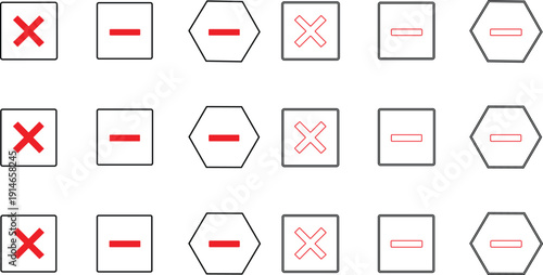 Red cross and minus symbols in square and hexagon shapes on white background