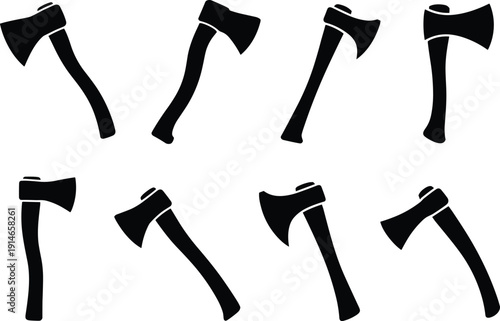 Axe tool silhouette set, lumberjack woodcutting black vector illustration collection