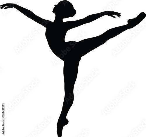 Ballet dancer silhouette, graceful ballerina performance black vector illustration