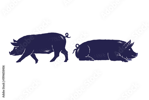 Pig silhouette vector illustration set. two pig poses in silhouette textured vintage ink details style, farm animal branding Isolated on white background design