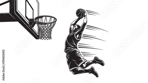 Monochrome silhouette of a basketball player performing a dramatic slam dunk.