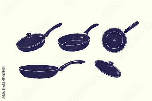 Vintage frying pan and cookware vector illustration set. Different pan angles and lid variations in silhouette textured vintage ink details style, isolated on white background