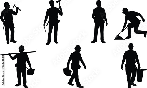 Construction laborer silhouette set, builder handyman black vector illustration collection