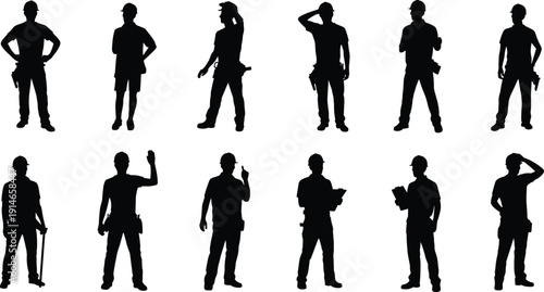Construction worker and technician silhouette set, builder contractor black vector illustration collection