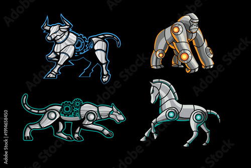 Futuristic robotic animal vector illustration set. Mechanical creatures such as a cyber bull, robotic gorilla, techno dog, and android horse isolated design template