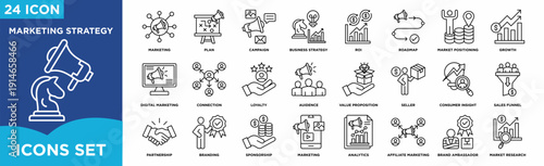 Marketing strategy icon set featuring campaign, digital marketing, ROI, branding, market research, analytics, sales funnel, customer loyalty, partnership, and business growth for corporate and startup