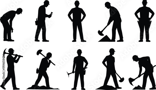 Construction worker digging silhouette set, manual labor builder black vector illustration collection