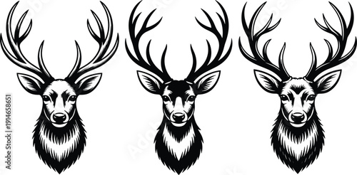 Deer head silhouette set with antlers, black and white wildlife illustration for hunting logo, nature emblem, vector design isolated