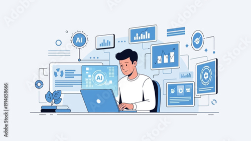 Man working on laptop with AI and data analysis screens around him