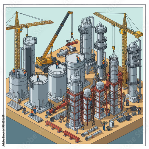 Industrial Oil Refinery Construction Site with Cranes.
