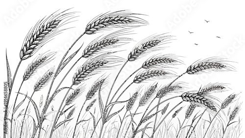 Wheat stalks swaying gently in the breeze with birds flying overhead