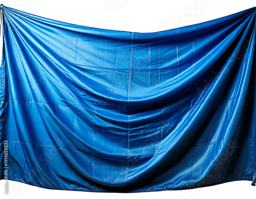wrinkled blue tarp hanging on white background PNG