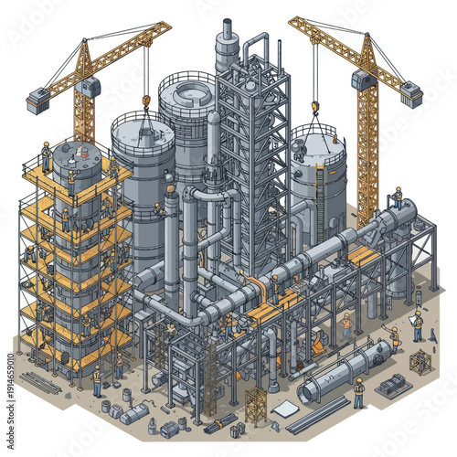 Industrial Facility with Cranes and Piping System.