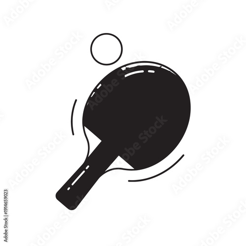 Graphic illustration of a table tennis paddle and ball in bold monochrome style for dynamic sports visuals.