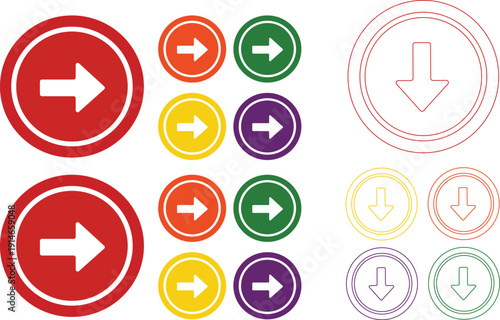 Circular with right arrows and down arrows in red orange yellow green purple