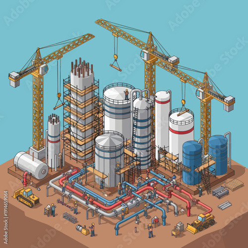 Industrial Facility with Pipelines and Cranes.