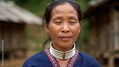 A serene woman in traditional attire meditates with eyes closed outdoors Embodying peace and cultural heritage amidst a rustic village setting