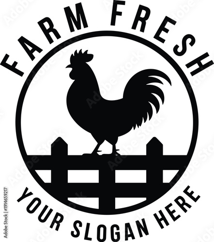 Farm fresh rooster logo with wooden fence, rural agriculture emblem illustration, vintage countryside badge vector design