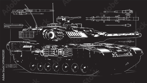 Detailed grayscale illustration of a modern military tank with aircraft silhouettes.