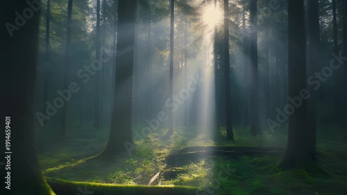 Forest sunlight rays through trees slow cinematic motion.