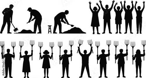 Farm worker silhouettes vector set, people digging soil and farmers holding pitchforks, agriculture labor icons, rural teamwork illustration
