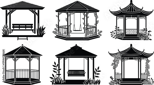 Garden gazebo pavilion vector set, outdoor pergola shelters and Asian style pavilions for park landscape architecture illustration