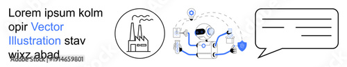 Technology, automation, AI communication, industrial processes, robotics, dialogue systems. Factory icon, robot with AI connections text bubble. Technology and automation concept