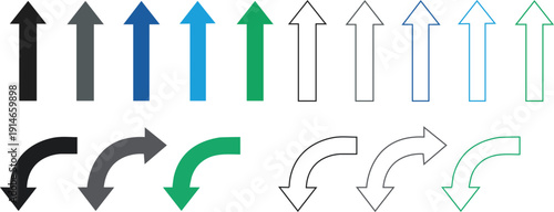 Collection of upward and downward pointing arrow shapes in various solid colors and outlines