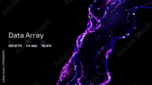 Dynamic distorted surface of blue-purple particles visualizing volatile crypto markets, blockchain ledgers, and DeFi transaction flows for fintech websites and NFT platform backgrounds.