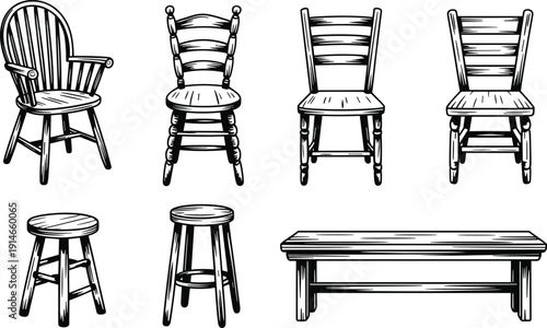 Hand drawn wooden chair, stool and bench collection, vintage furniture line art illustration vector set for interior design