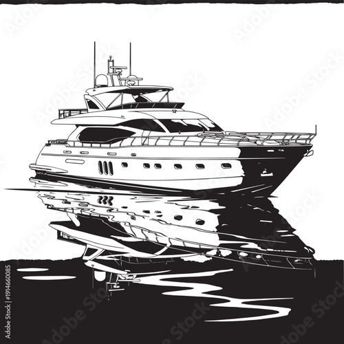 Luxurious yacht cruising on calm waters with mirrored reflection and sleek silhouette.