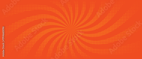 Pop art halftone background. Comic starburst pattern. Orange cartoon print with dots and beams. Superhero wow banner. Vintage duotone texture. Gradient backdrop. Vector illustration.