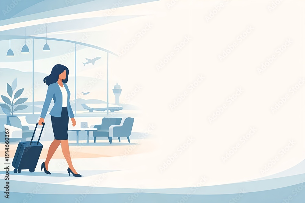 Obraz premium 空港ターミナルを歩くビジネスウーマン｜出張・旅行イメージのモダンなビジネス背景