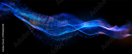 Abstract futuristic wave of glowing particles symbolizing data flow, artificial intelligence and digital technology. Dynamic lines form a modern vector background for tech, AI, fintech, analytics