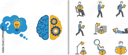 A comprehensive educational vector set featuring icons of people reading in various poses, an anatomical brain with gears, a lightbulb thought bubble, and symbols of academic search and discovery.