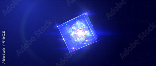 Glowing data particles dynamically assemble a 3d cube abstract digital vector background. Perfect for AI concepts, big data visualization, technology presentations for websites and corporate media
