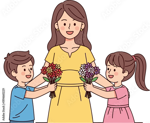 Mother receiving flowers from children on Mother's Day.