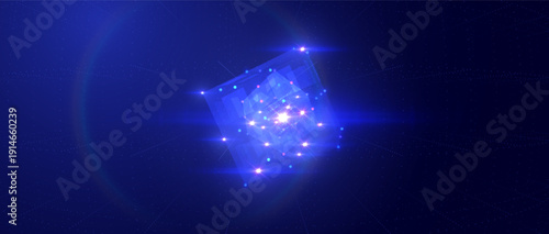 Glowing data particles dynamically assemble a 3d cube abstract digital vector background. Perfect for AI concepts, big data visualization, technology presentations for websites and corporate media
